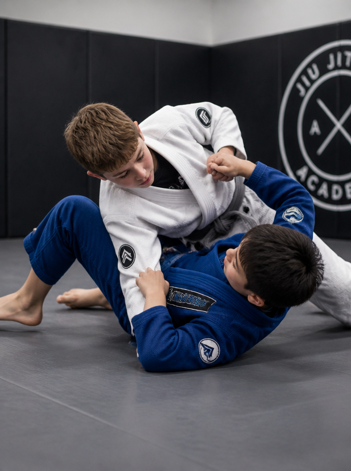 Two young jiujitsu athletes rolling on mats